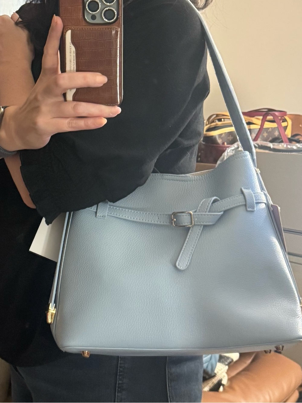 Ello Ice Blue Vegan Leather Bucket Shoulder Bag w/ Belt Detail & Pouch - Picture 16 of 17